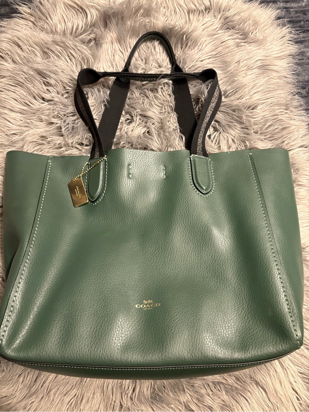 Coach Green Leather Tote with Black Contrast Straps